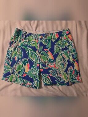 Lilly Pulitzer Leaf Print Bermuda Stretch 5" Shorts — Blue, Green & Pink